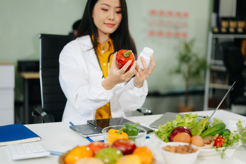 nutritionist looking at vegetables